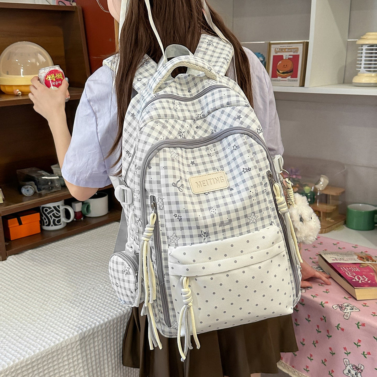 Decorative Plaid and Star Patterned Backpack LoungeYard — product view 3