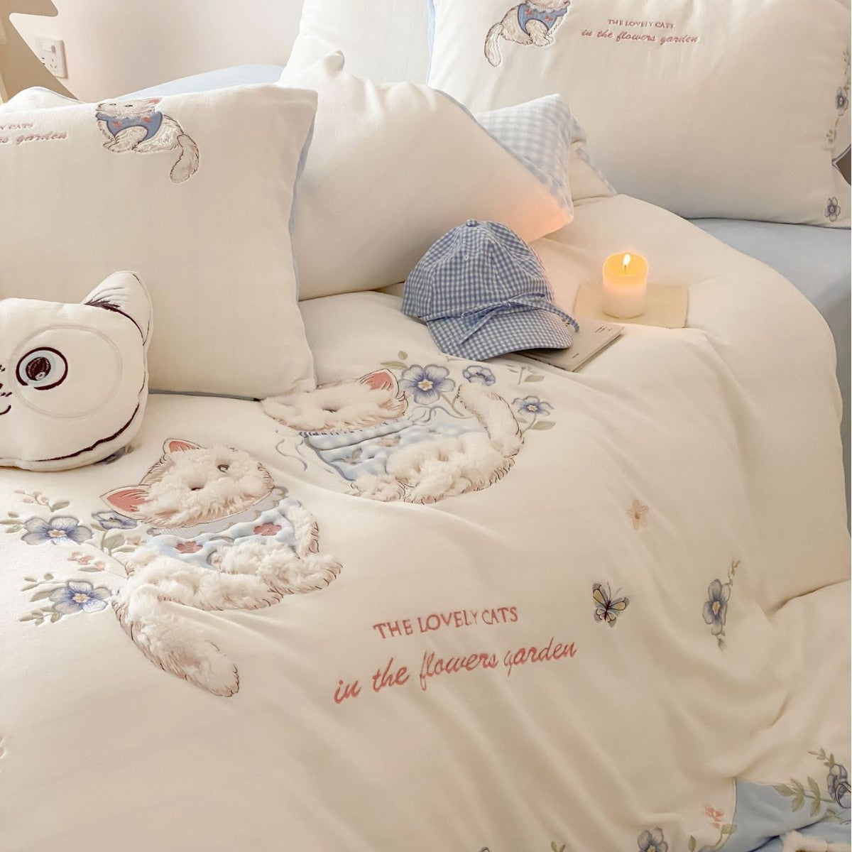 Delicate embroidered cotton bedding set with 3D cat applique and ruffle LoungeYard — product view 3