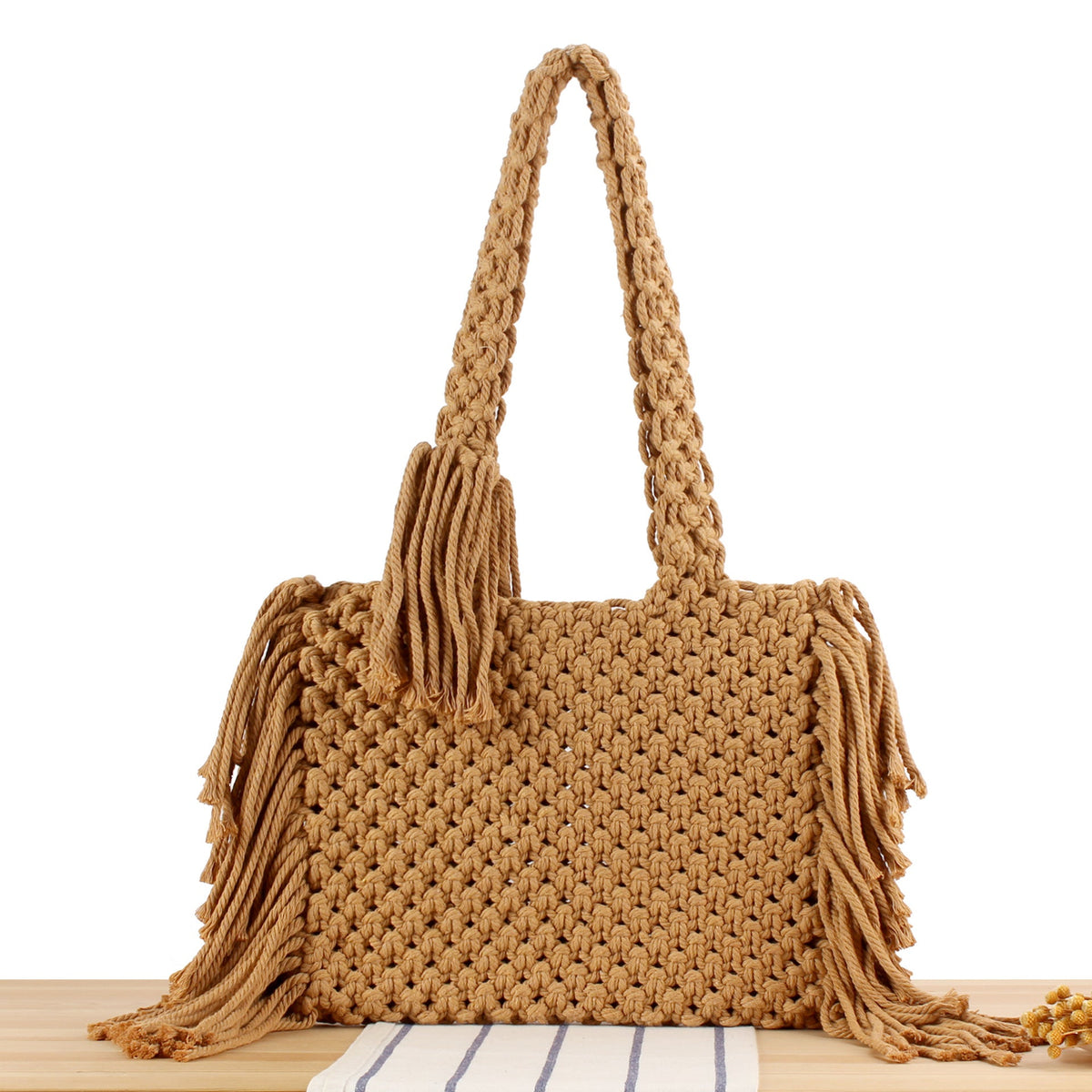 Macrame bag with creative fringes and comfortable carrying handle LoungeYard — product view 5