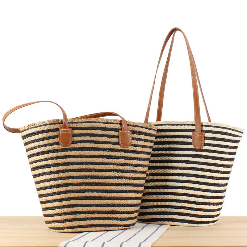 Braided beach bag with modern stripes and sturdy handles LoungeYard — product view 2