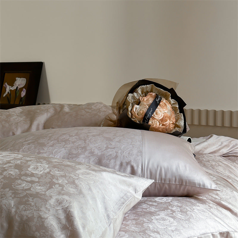 Premium-Jacquard-Satin-Duvet-Cover-Set with subtle floral relief — product view 1
