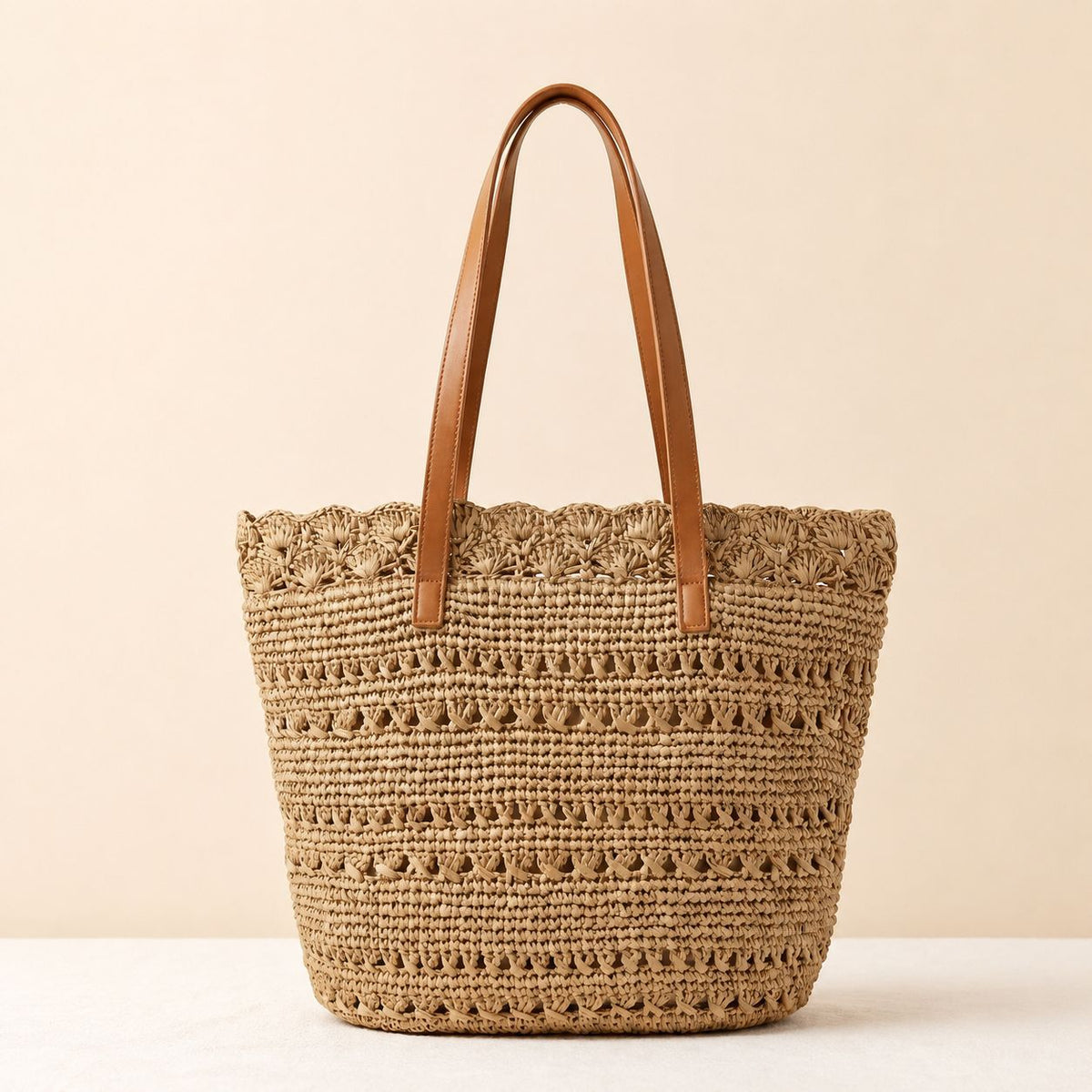 Beach bag with handcrafted crochet pattern and leather handles LoungeYard — product view 7