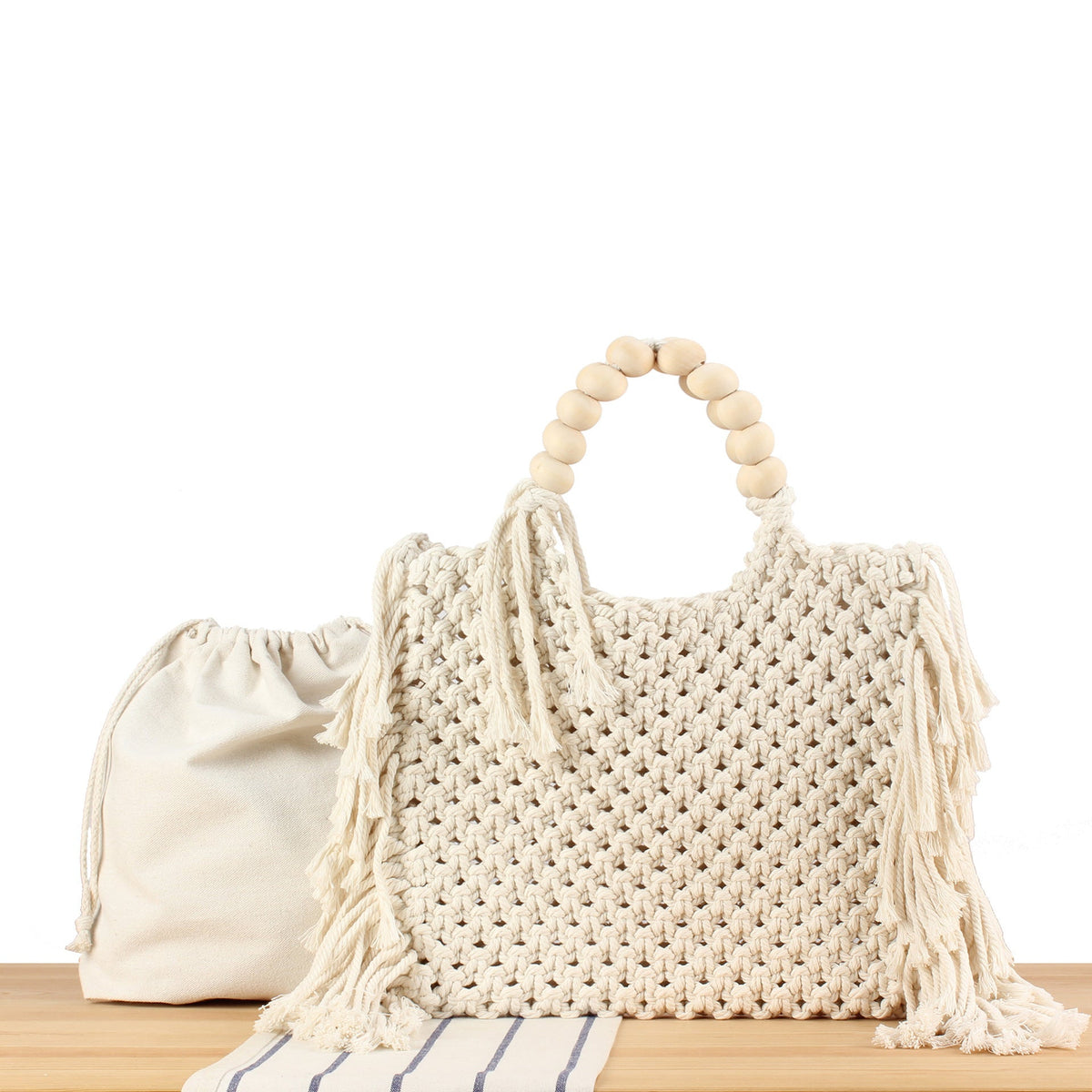 Hand-knotted tote bag with decorative fringes LoungeYard — product view 1