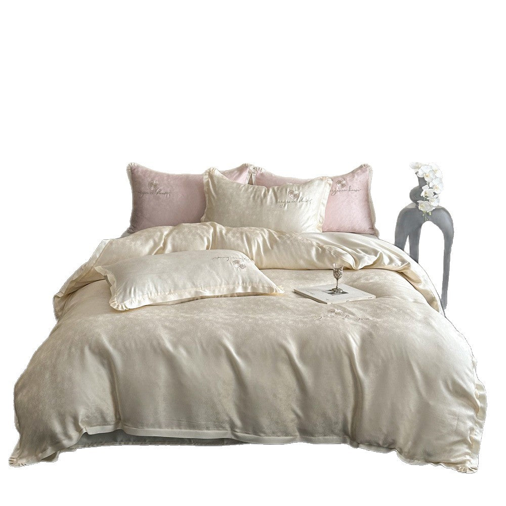 Luxurious cotton satin bedding set with jacquard relief and embroidered rose motif — product view 5