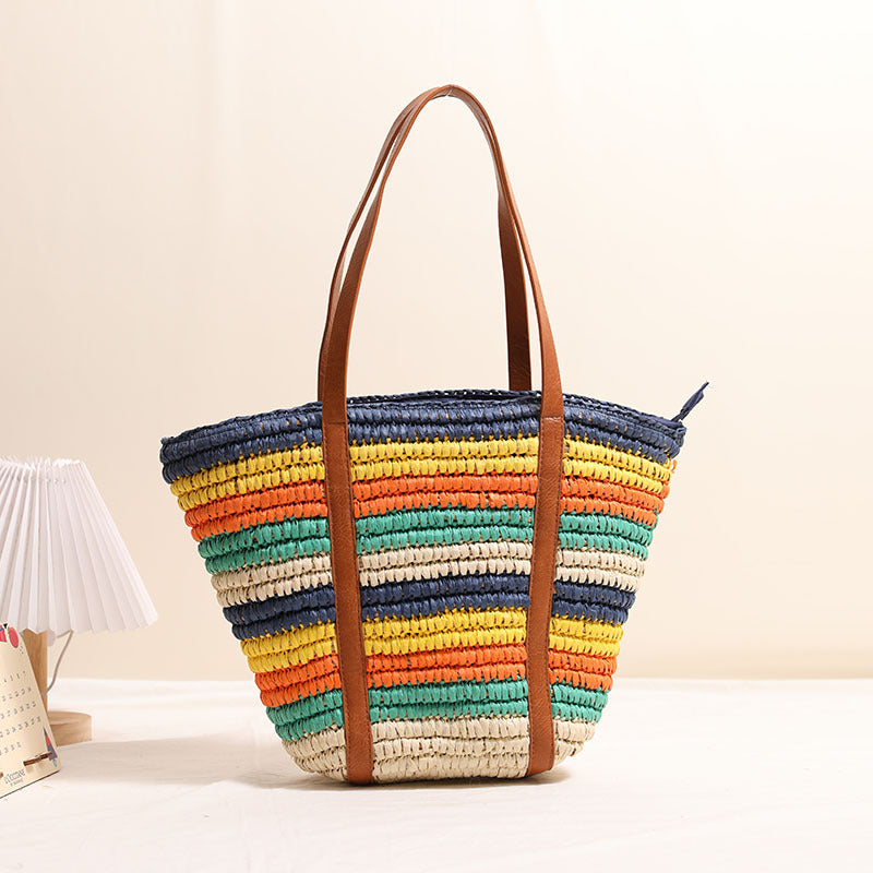Braided straw tote bag with sturdy leather handles LoungeYard — product view 1
