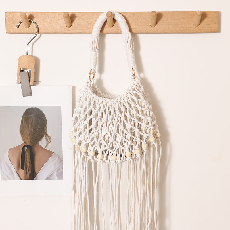 Macrame bag with decorative fringes and wooden beads LoungeYard — product view 3