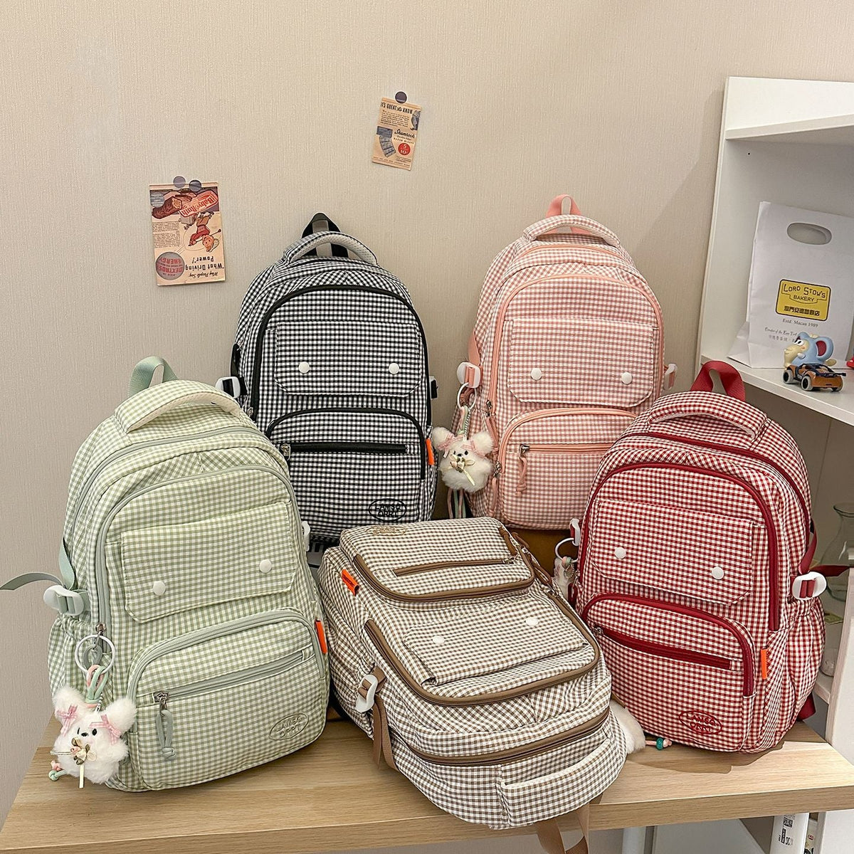 Gingham Print Multi-Pocket Backpack LoungeYard — product view 4