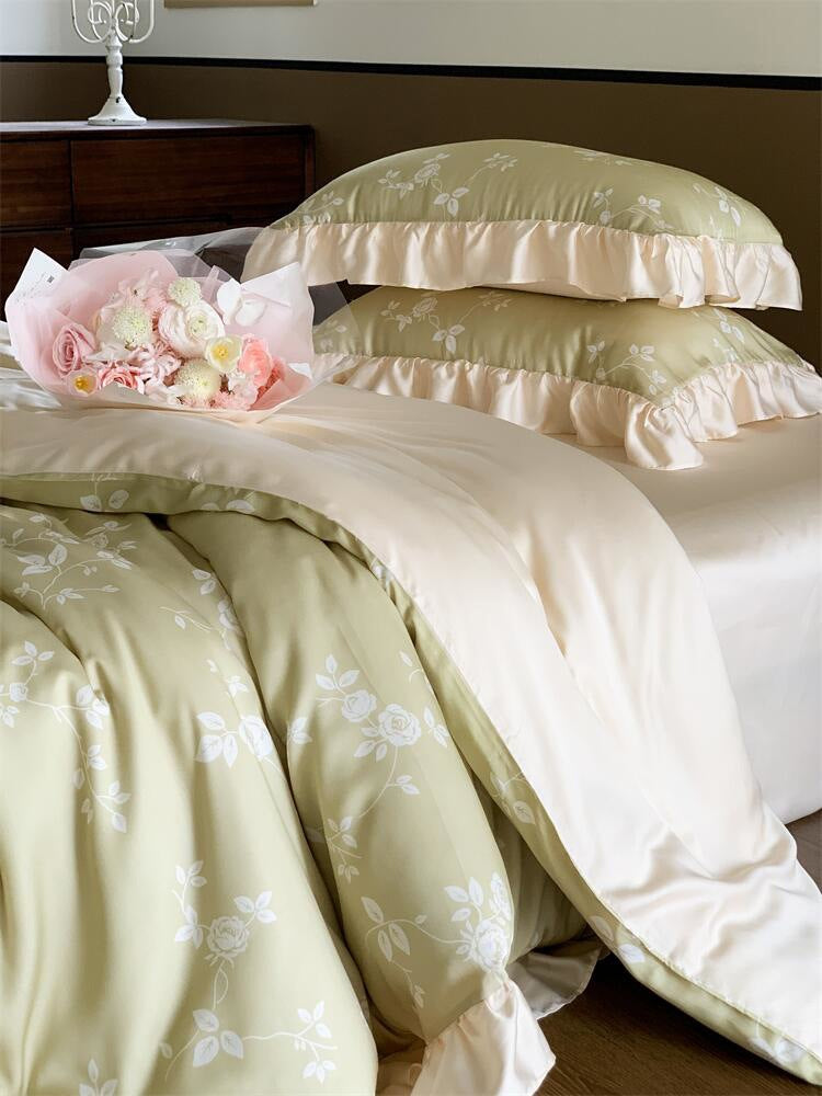 Romantic ruffled bed set made of cotton percale with floral jacquard print — product view 3