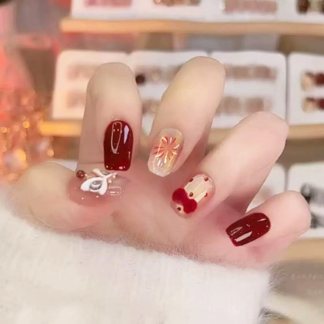 Artistic Red-Themed Press-On Nail Art Set — product view 1