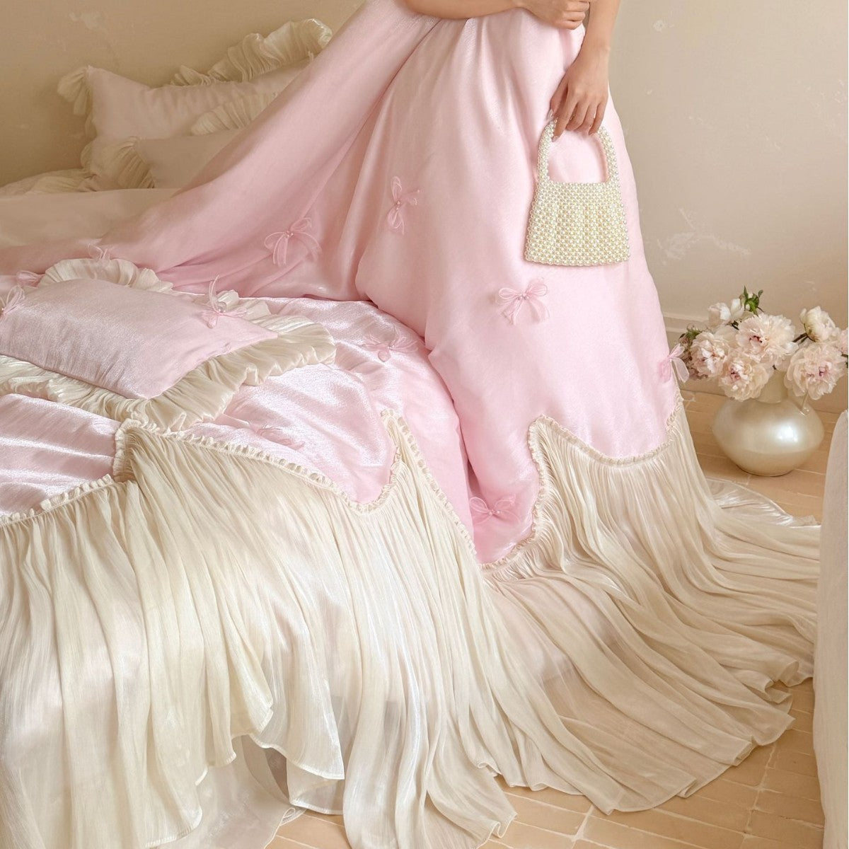 Luxurious satin bedding set with ruffles, pleated bed skirt and decorative pillow — product view 3