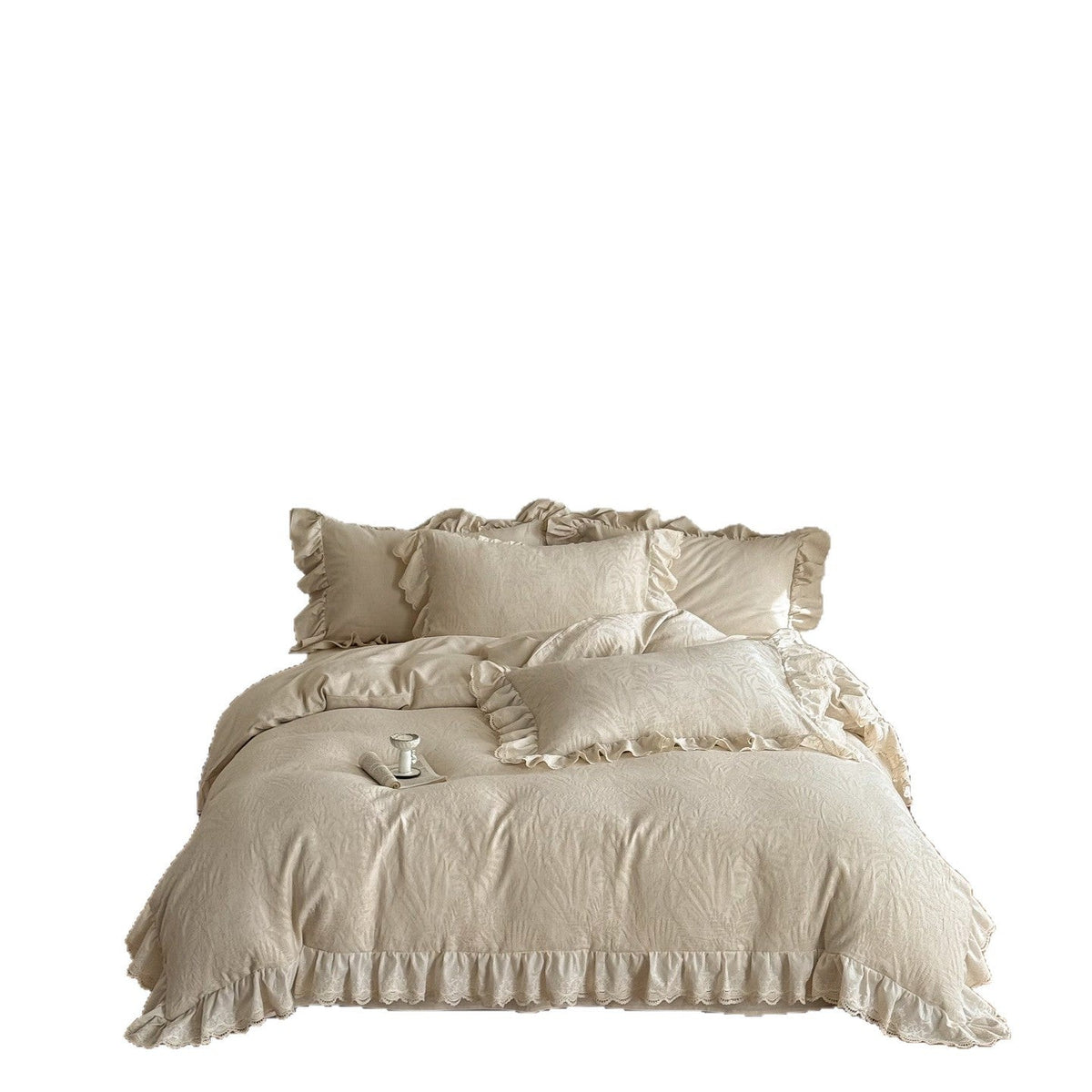 Cotton-linen bedding set with subtle jacquard floral pattern and ruffle trim — product view 4