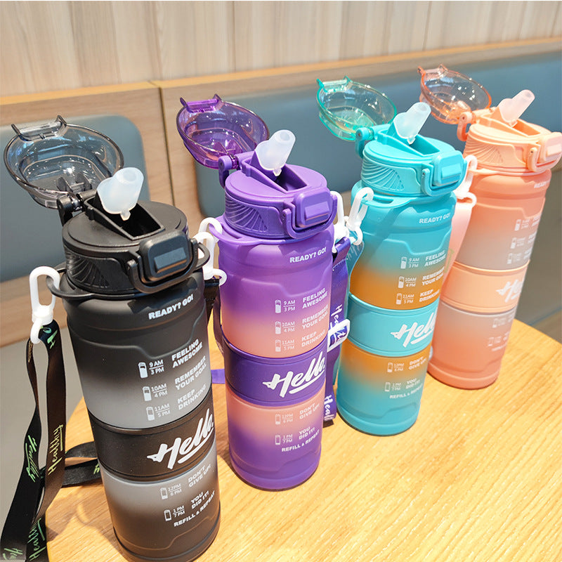 Women's motivation water bottle with time display and shoulder strap LoungeYard — product view 1