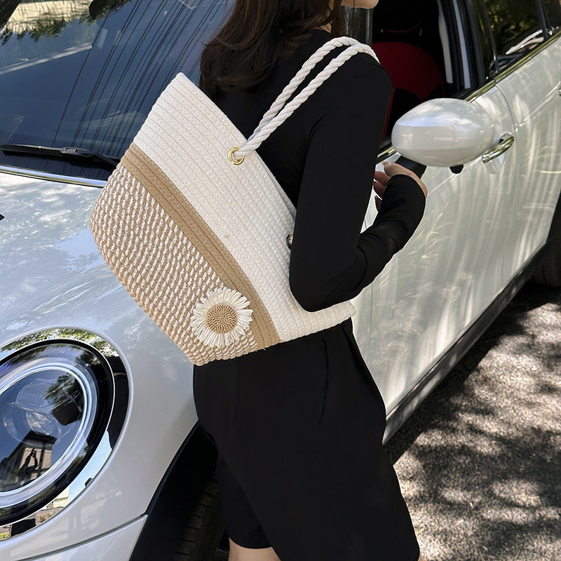 Handcrafted Floral Detail Straw Tote Bag LoungeYard — product view 3