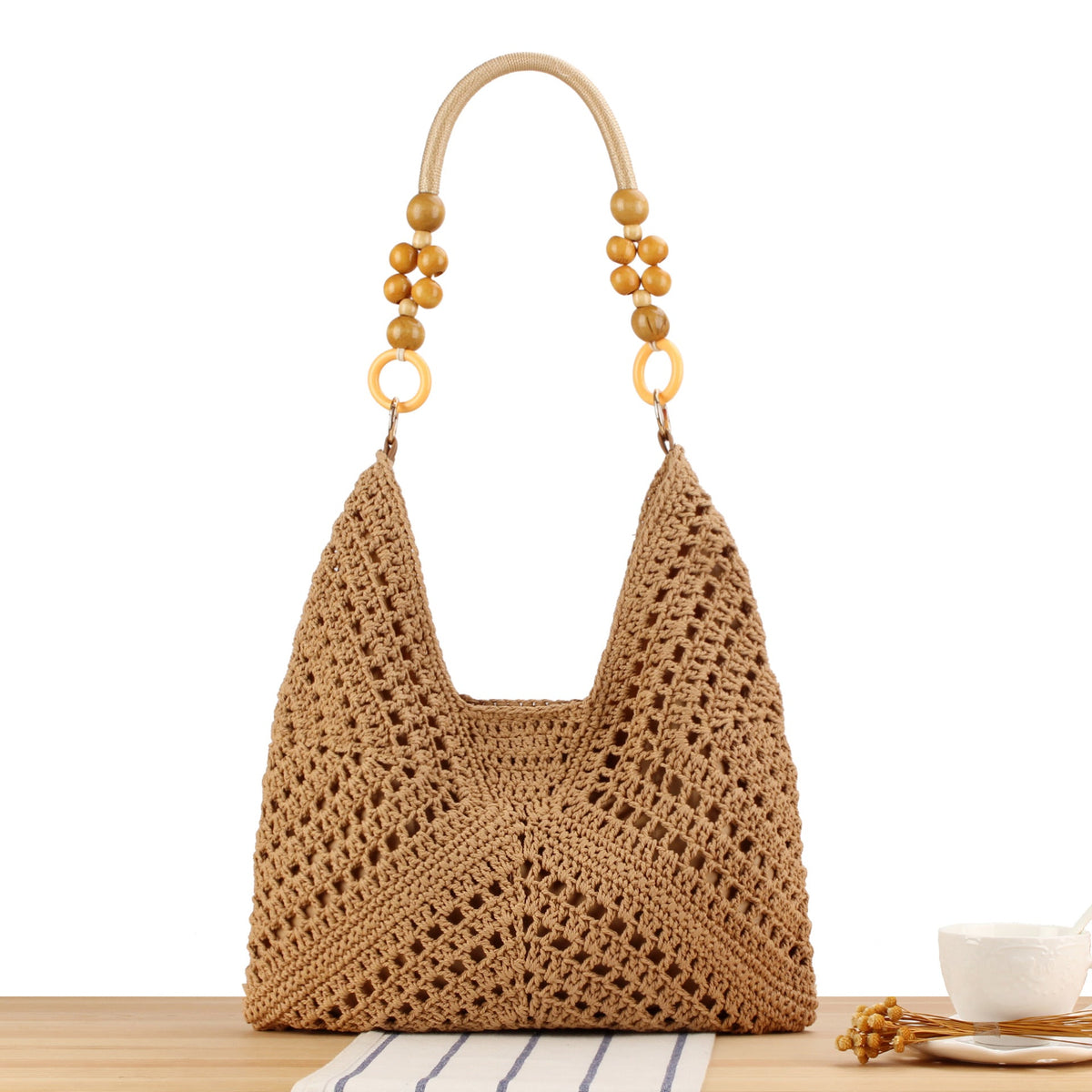 Handmade straw tote bag with elegant wooden handles LoungeYard — product view 6