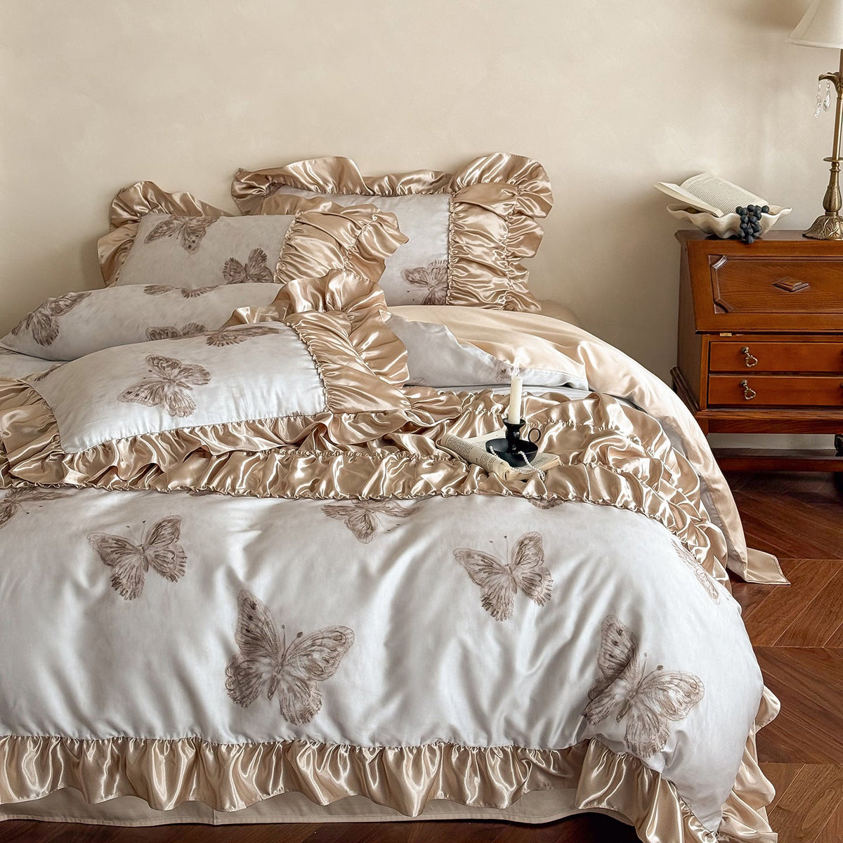 Luxurious satin bedding set with lush ruffles and butterfly print — product view 6