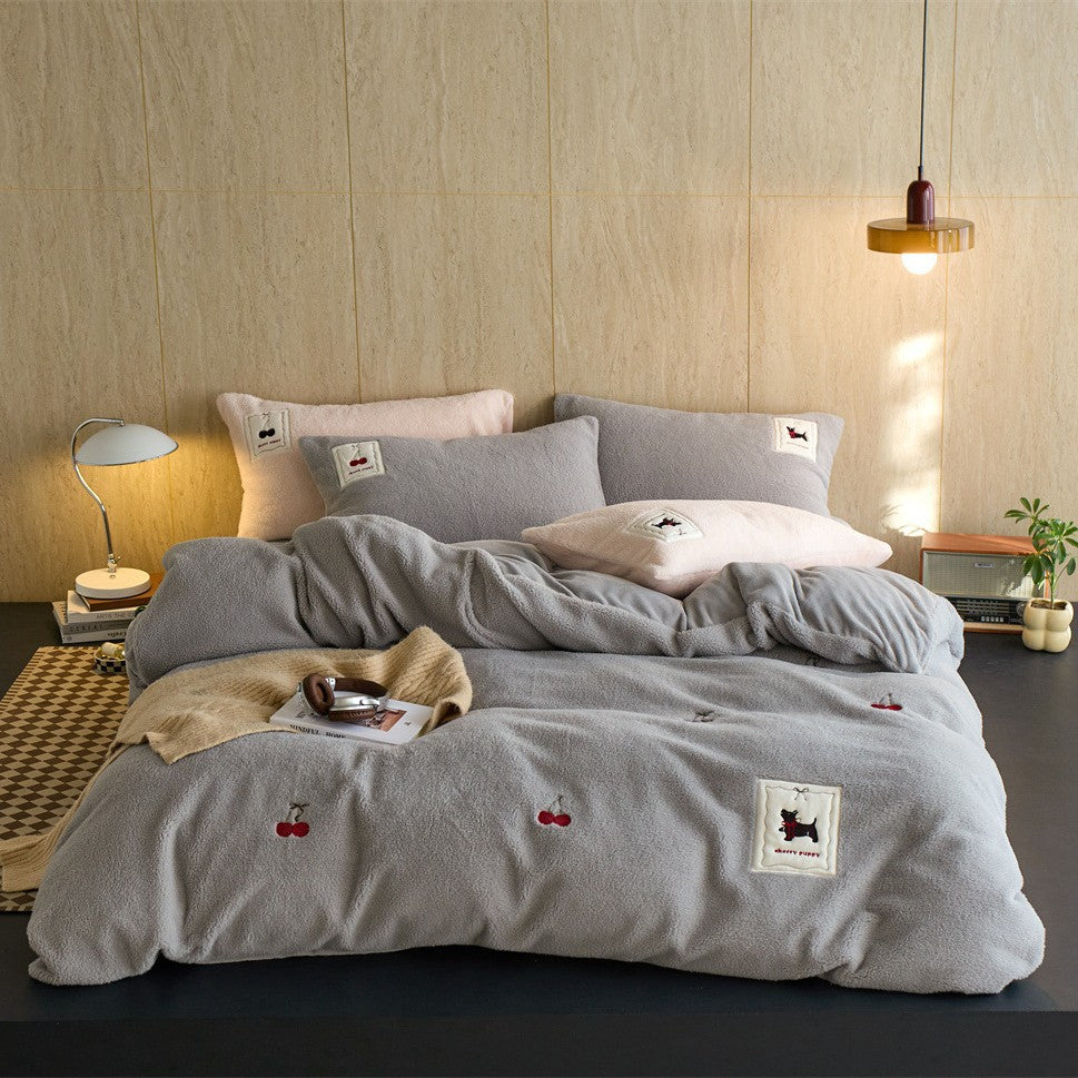 Cozy fleece bedding set with embroidered cherries and appliqués — product view 5