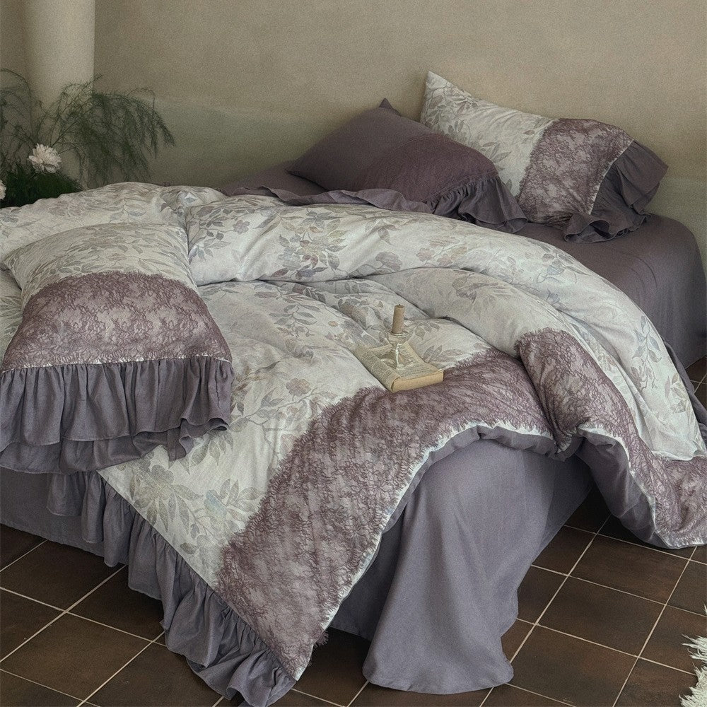 Bedding set with jacquard panels, ruffled bed skirt and reversible pillow — product view 2