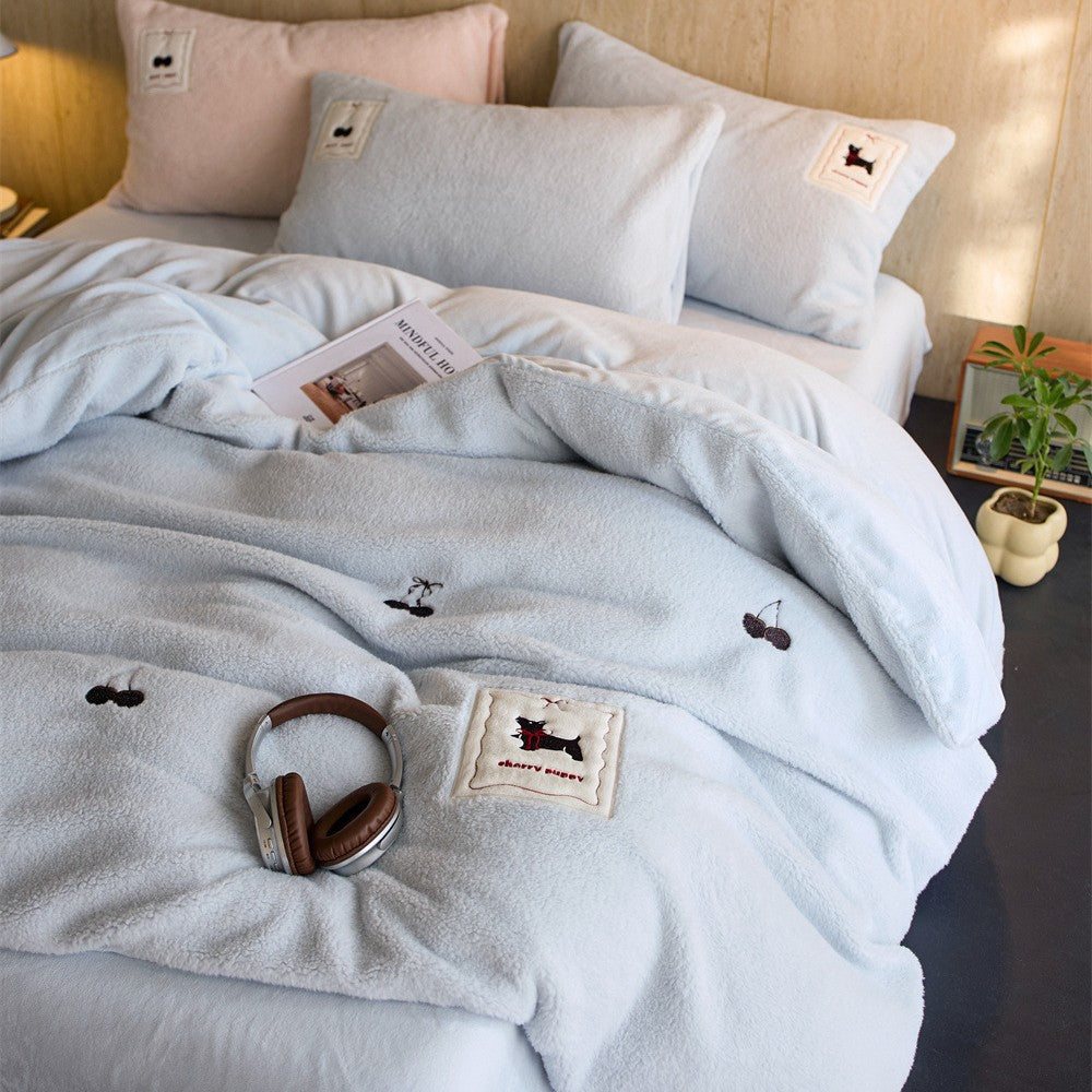 Cozy fleece bedding set with embroidered cherries and appliqués — product view 2