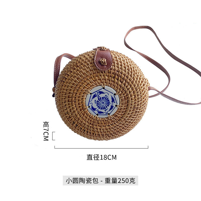 Women's round basket bag with unique ceramic detail LoungeYard — product view 4
