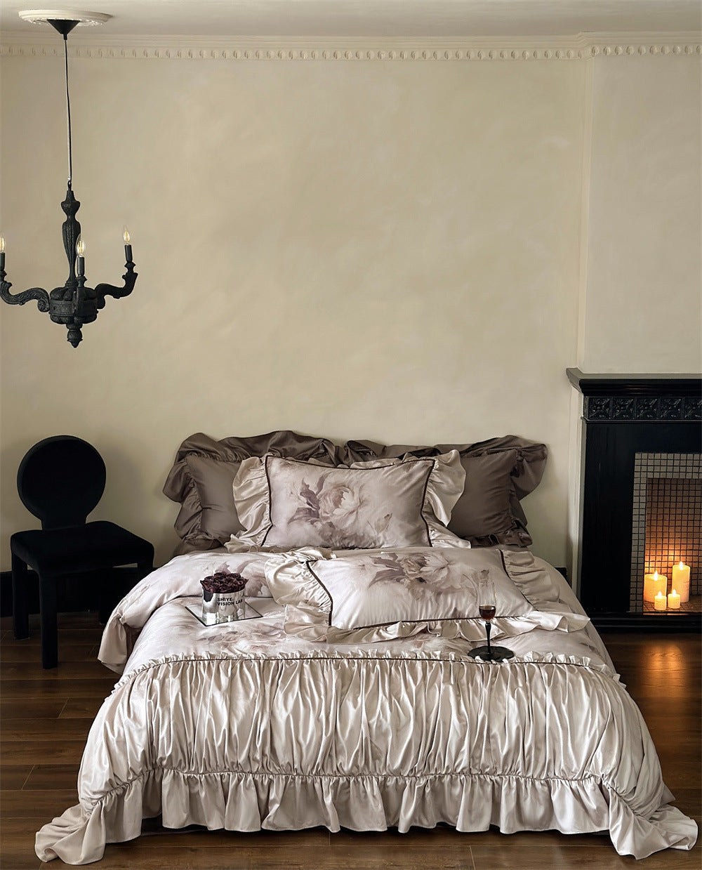 Luxurious satin bedding set with ruffles and watercolor flowers — product view 7