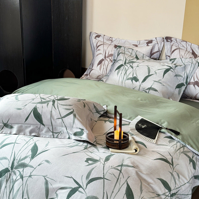 Bedding set made of cotton satin with botanical bamboo leaf print and reversible pillowcases — product view 3
