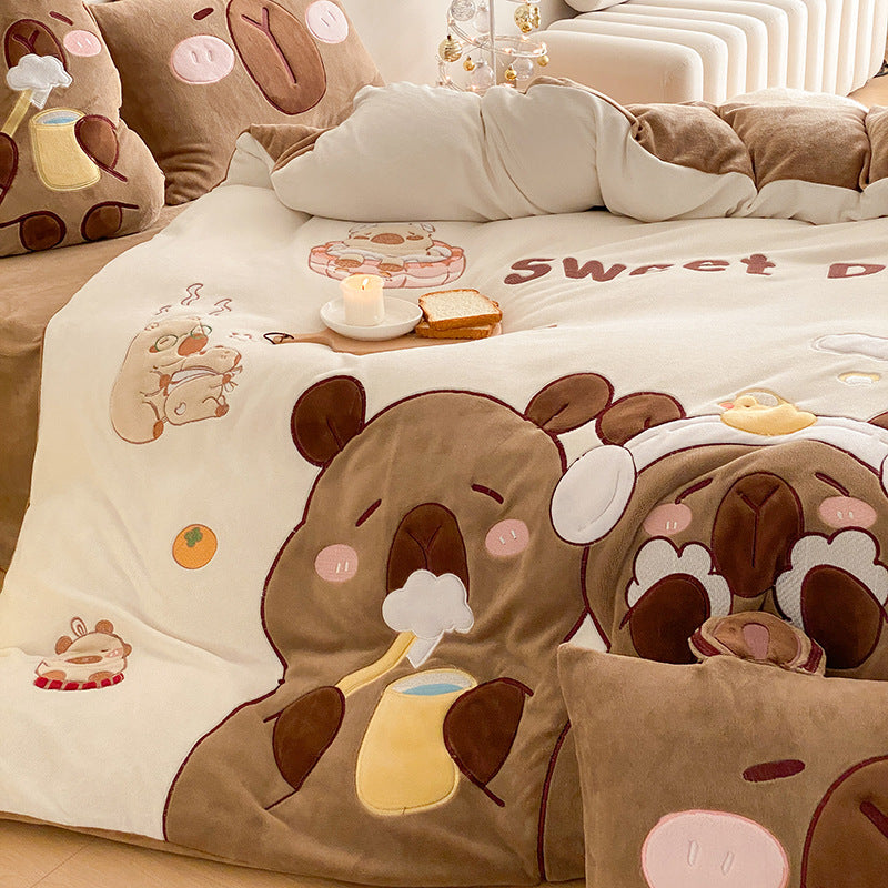 Fluffy bedding set with quilted cozy surface, 3D teddy applications and warming microfiber filling LoungeYard — product view 3