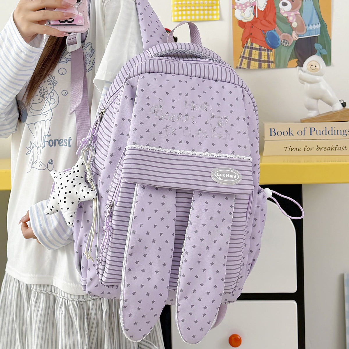 Cute Bunny Ear Patterned Backpack LoungeYard — product view 3