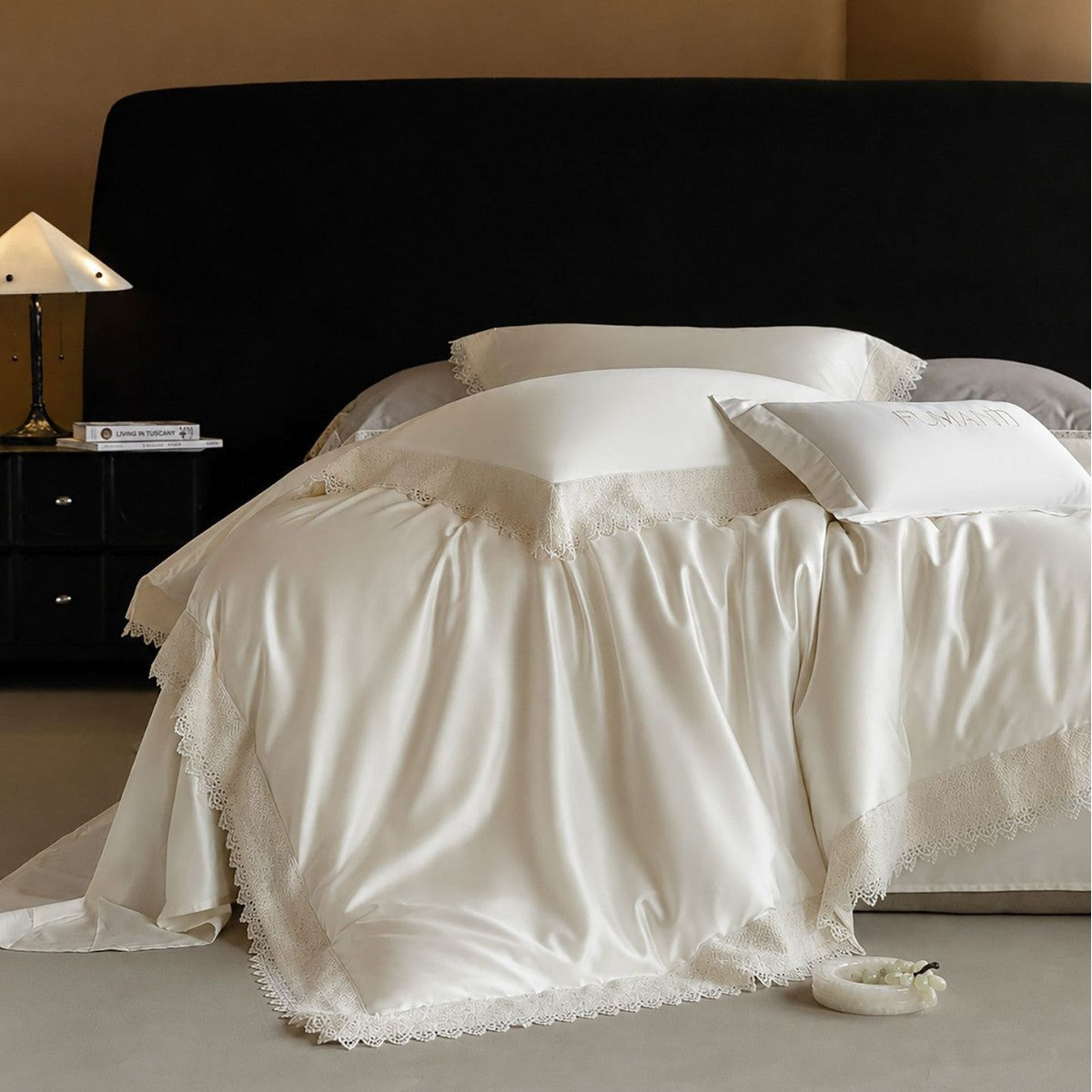 Luxurious satin bedding set with fine lace edging — product view 6