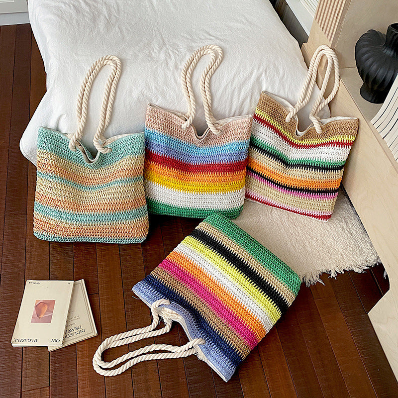 Striped Crochet Beach Tote with Rope Handles and Lined Interior LoungeYard — product view 3