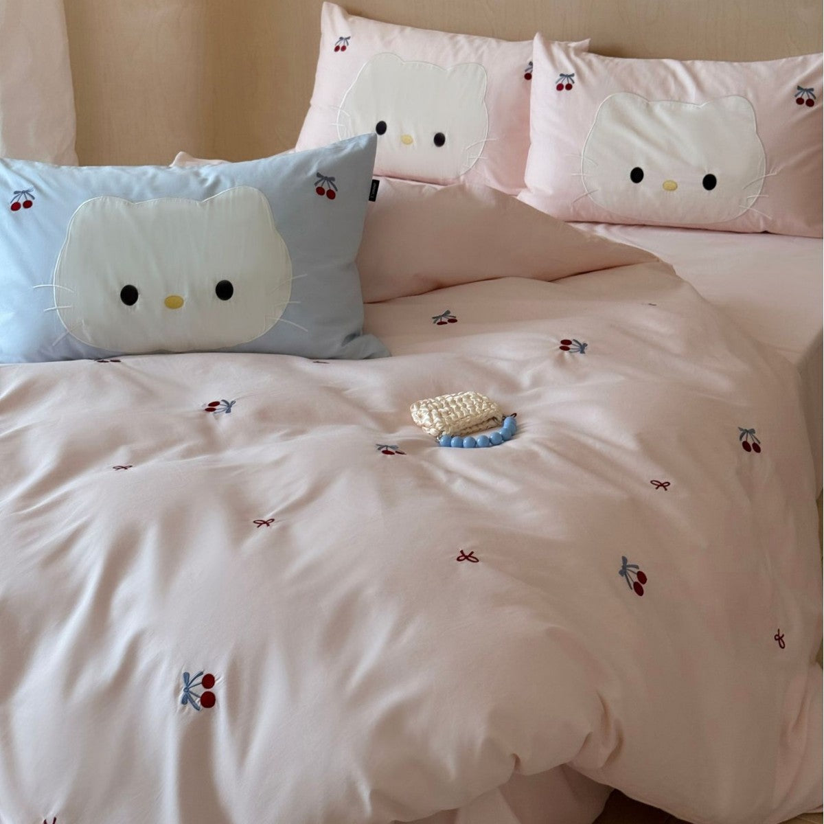 Cute embroidered bedding set with cat applique and cherry motif LoungeYard — product view 2