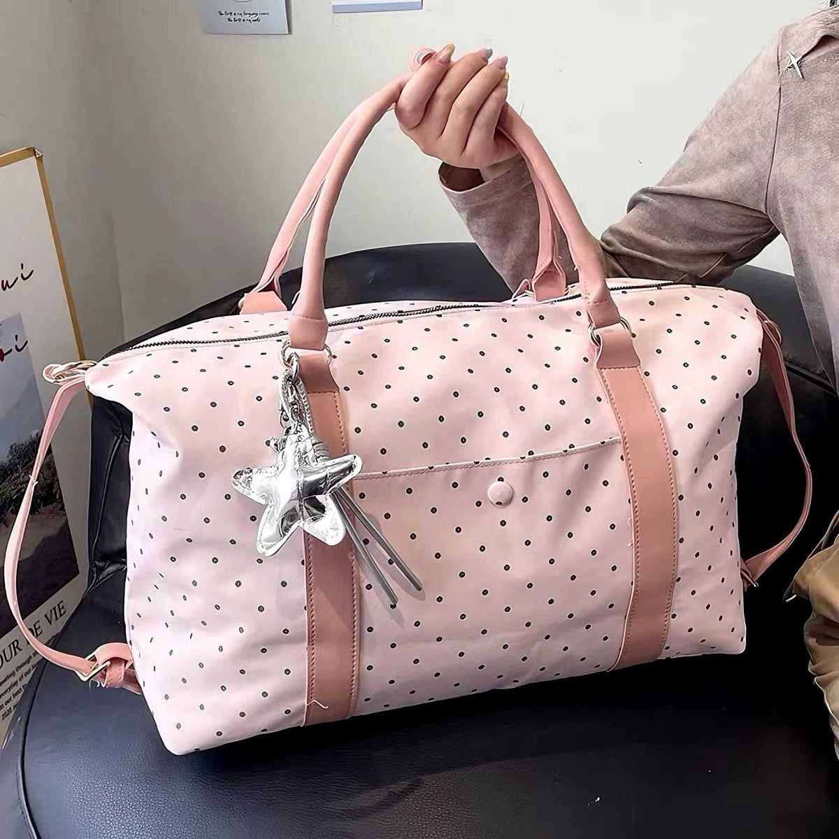 Stylish Polka Dot Travel Duffel Bag LoungeYard — product view 1
