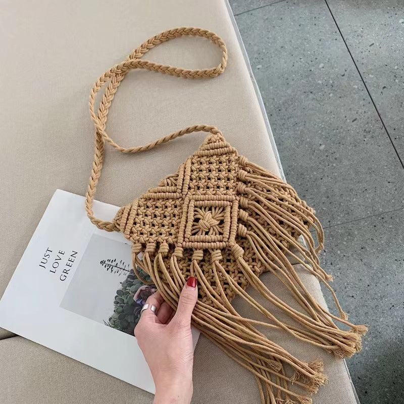 Hand-knotted macrame shoulder bag with fringes LoungeYard — product view 7