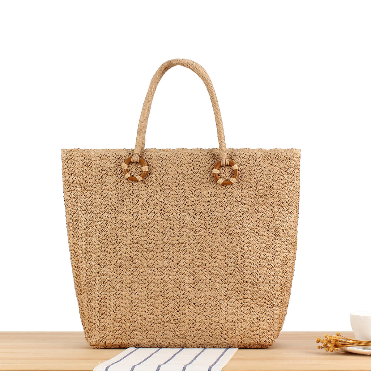 Braided beach bag with wood details LoungeYard — product view 6