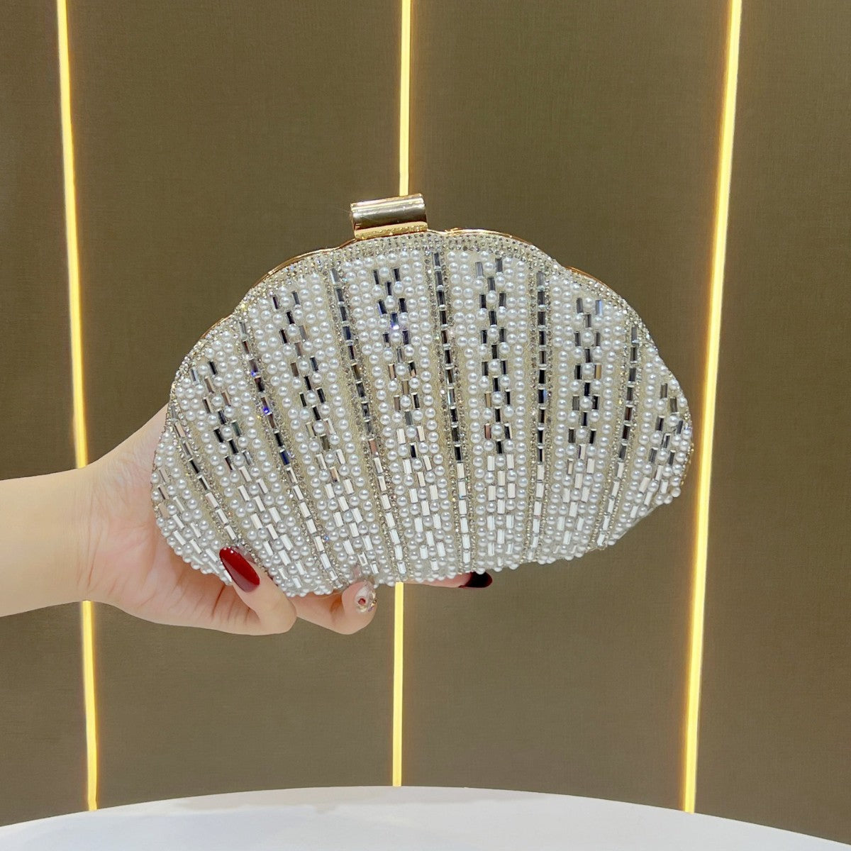 Pearl-Embellished Clamshell Evening Clutch — product view 3