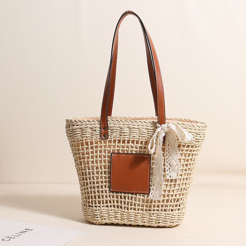 Handmade straw bag with elegant leather accents LoungeYard — product view 6
