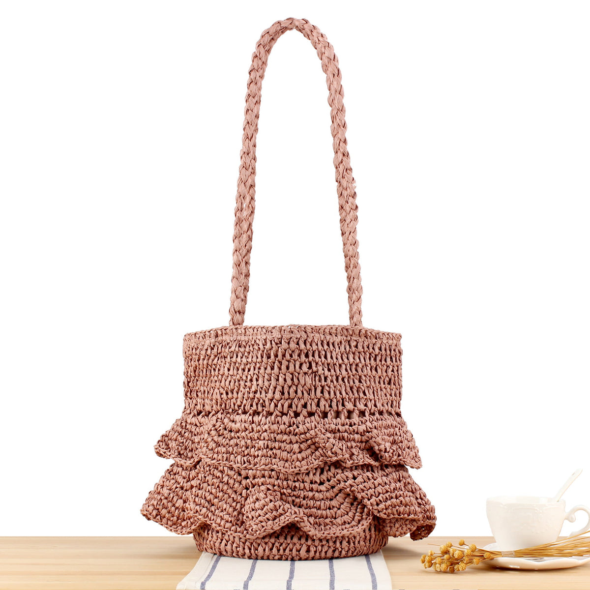 Braided backpack bag with stylish ruffle details LoungeYard — product view 7