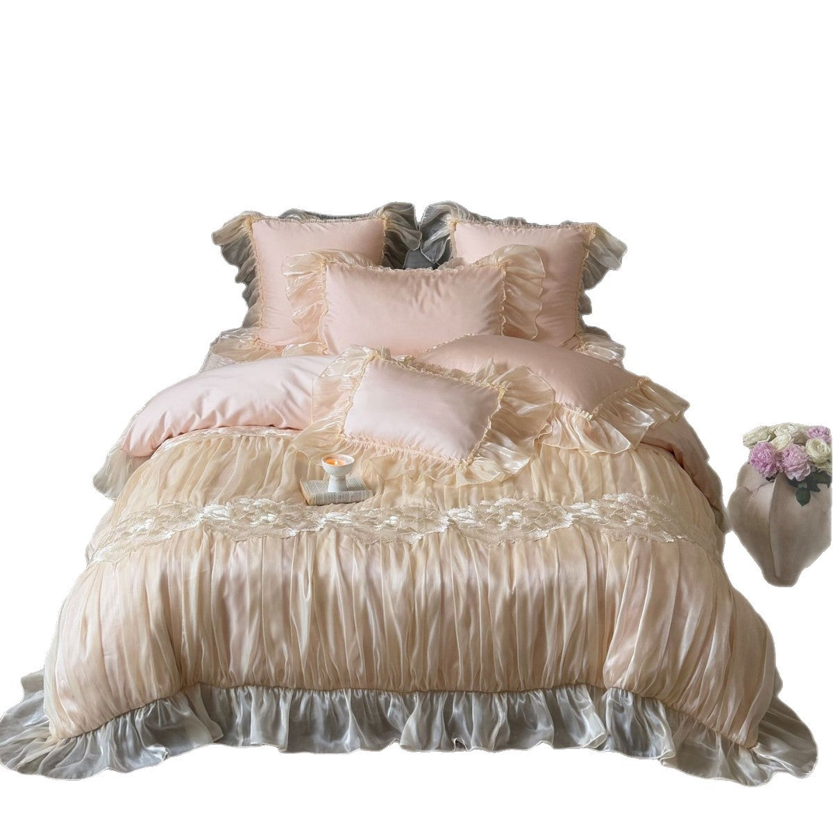 Luxurious satin bedding set with frills and lace trim — product view 5