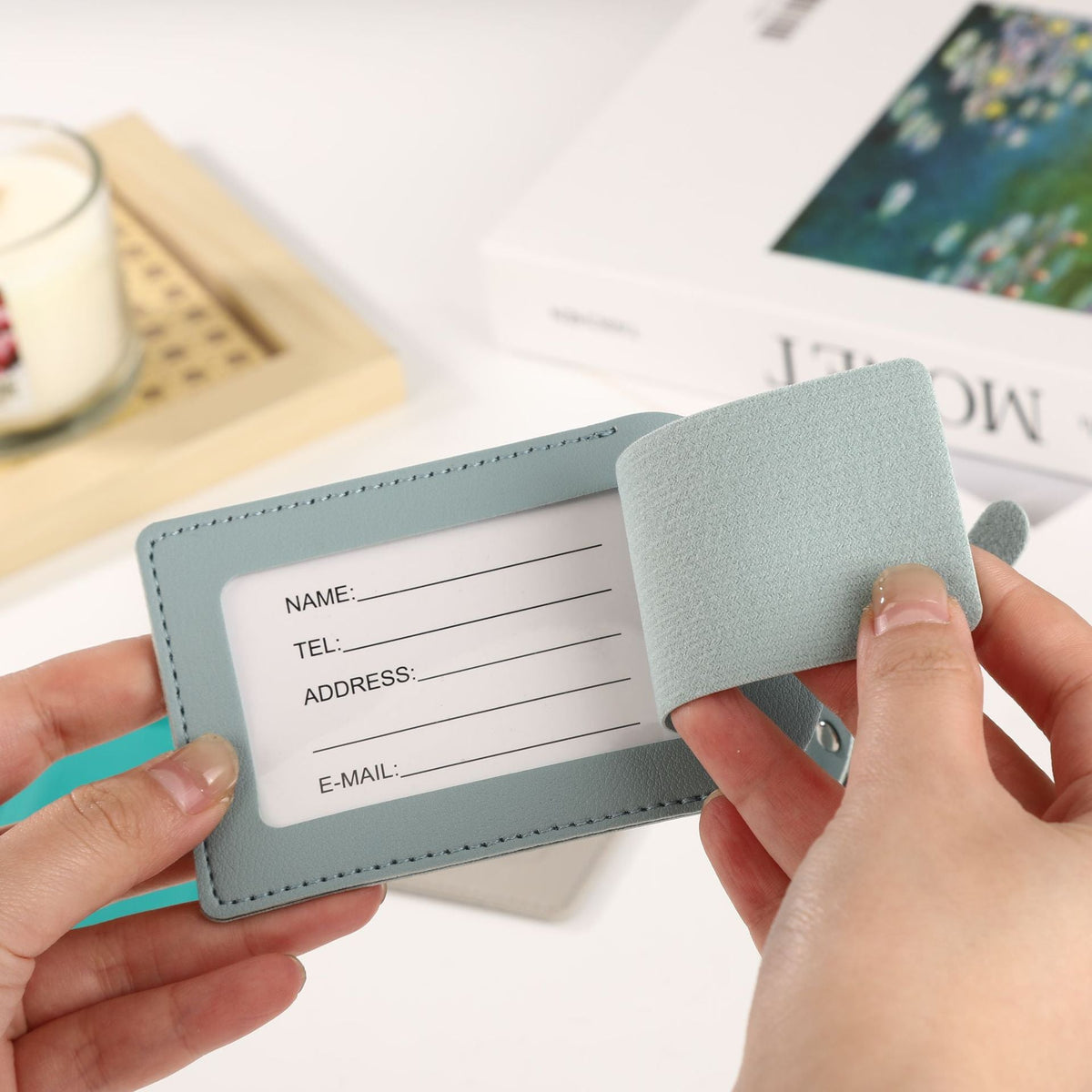 premium vegan leather luggage tag with adjustable buckle and clear ID window LoungeYard — product view 3