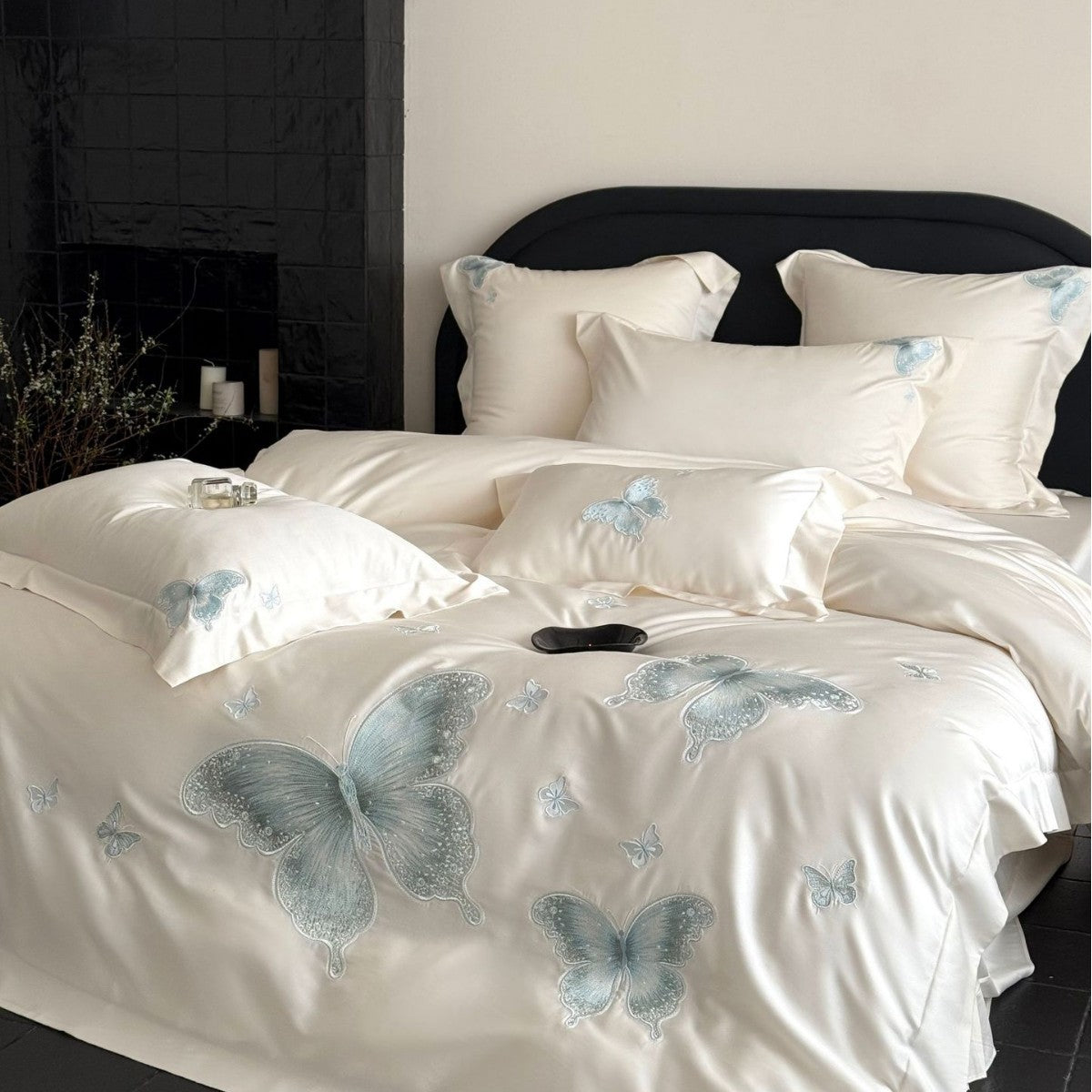 Elegant satin bed linen set with tonal butterfly embroidery — product view 3