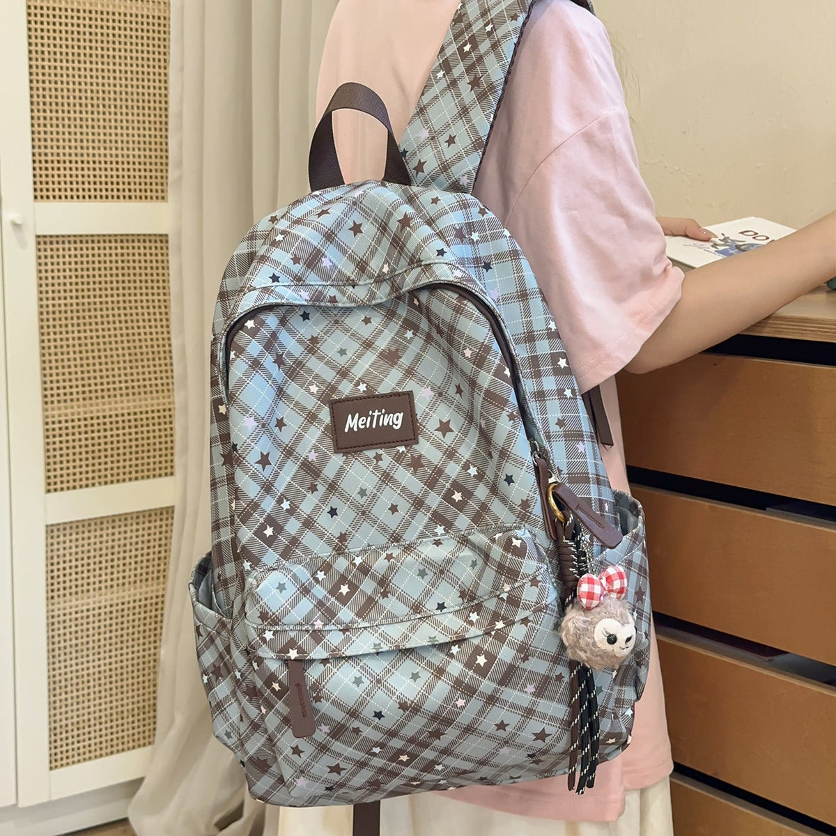 Plaid Pattern Casual Backpack LoungeYard — product view 1