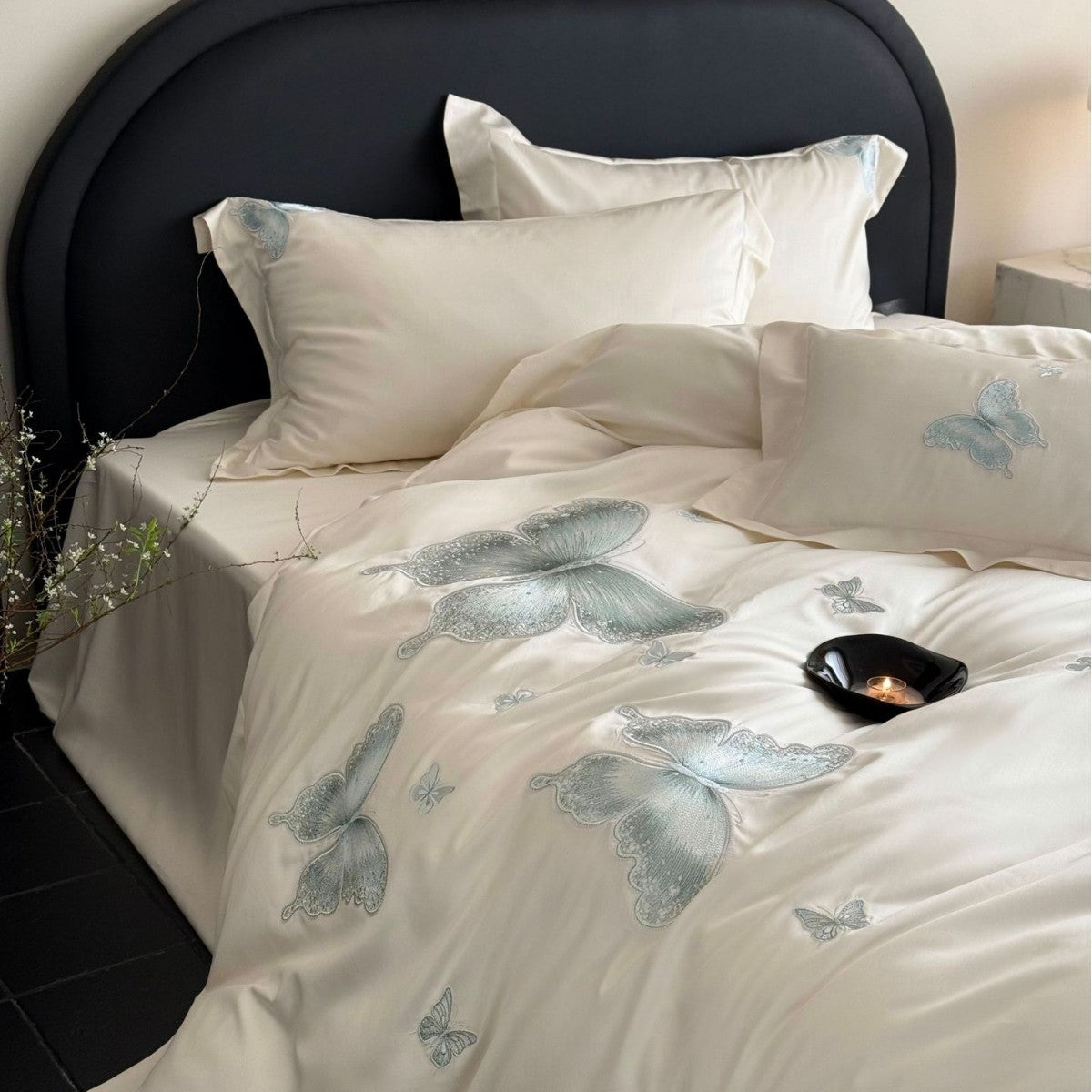 Elegant satin bed linen set with tonal butterfly embroidery — product view 2