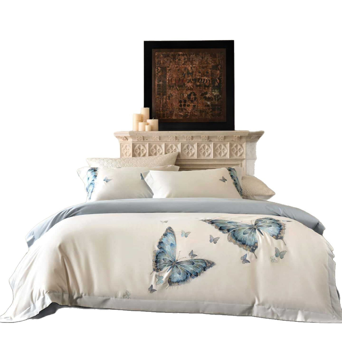 Embroidered cotton satin bedding set with blue butterfly motif — product view 4
