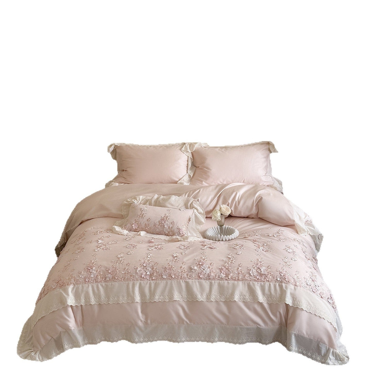 embroidered luxury bedding set made of cotton satin with lace border — product view 5