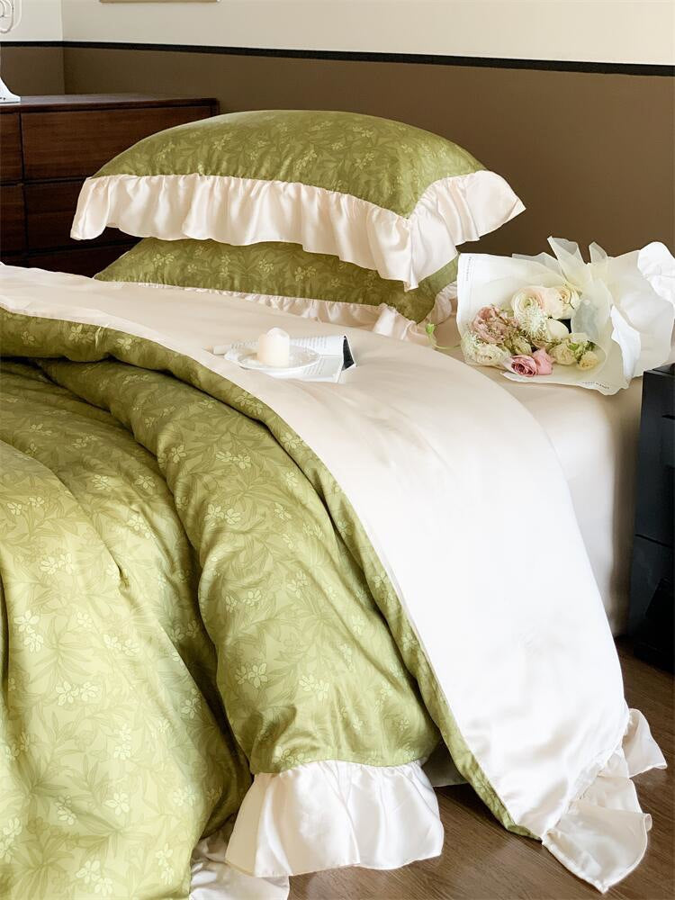 Romantic ruffled bed set made of cotton percale with floral jacquard print — product view 4