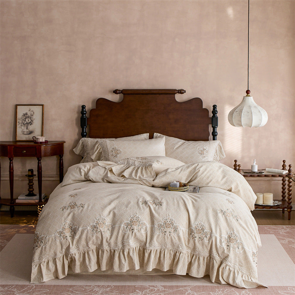 Romantic cotton bedding set with diamond jacquard, embroidered border, and gathered ruffle — product view 6