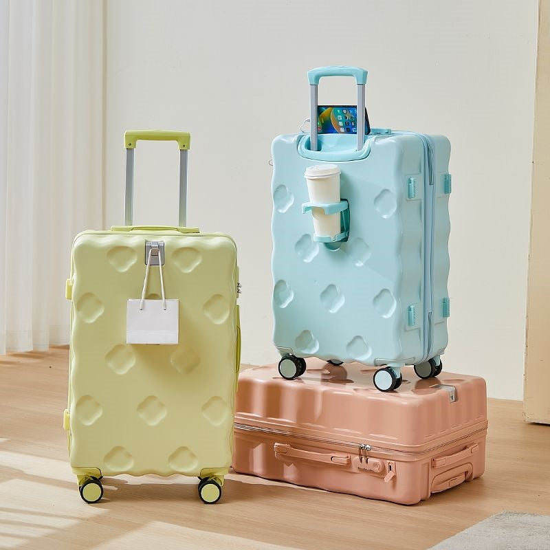 hard-shell carry-on suitcase with integrated foldable cup holder phone cradle USB charging port and external bag hooks LoungeYard — product view 1