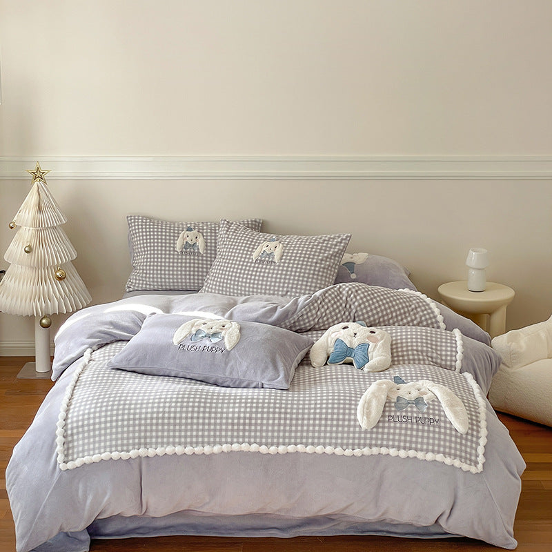 Kids Bedding Set with Plush Puppy, Vichy Check and Pom-Pom Trim — product view 6