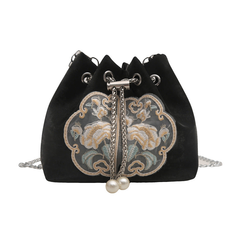 Embroidered Velvet Drawstring Handbag — product view 1
