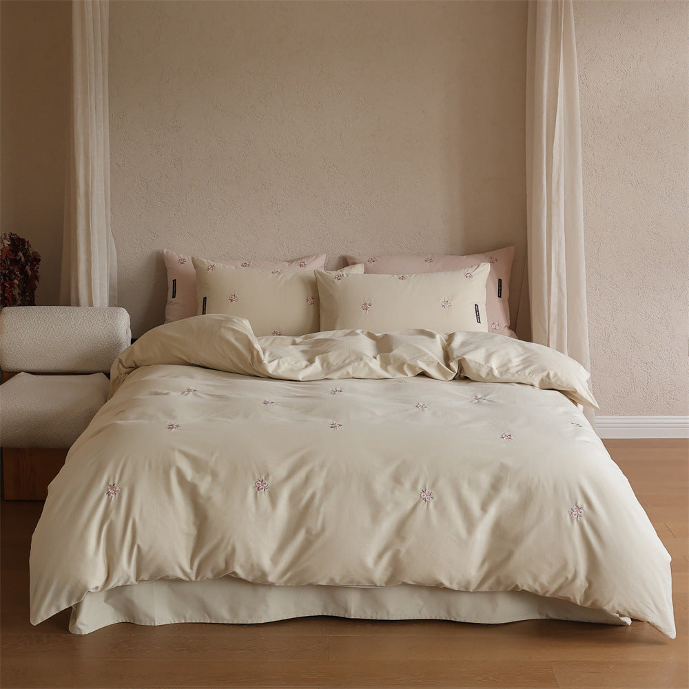 Embroidered cotton satin bedding set with subtle floral embroidery — product view 6