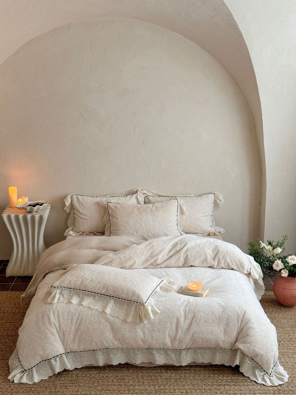 Romantic bedding set with ruffles, lace and subtle flower pattern LoungeYard — product view 7